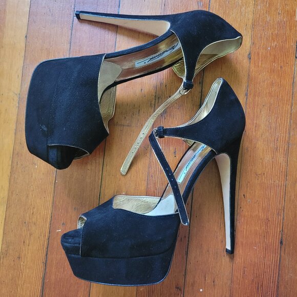 Brian Atwood Suede Black Gold Peeptoe Tribeca, Italian 39 - Picture 6 of 12